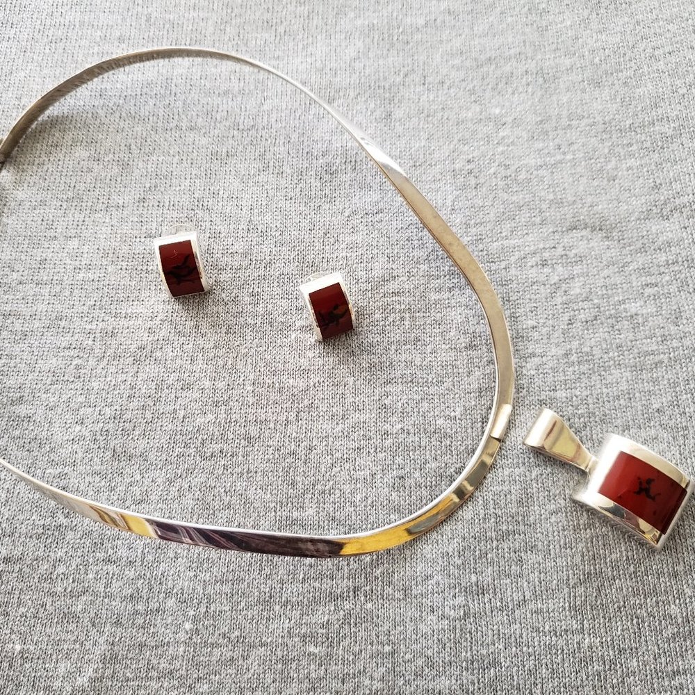 Silpada - collar, red pendant slide + earrings